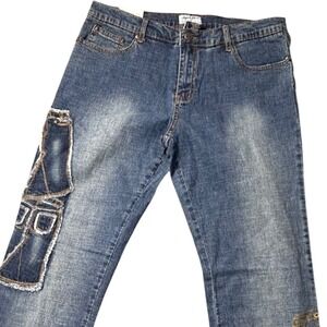 VTG Poco Jeans Womens Size 11 Blue Patchwork Embroidered Flare Stretch Denim NWT